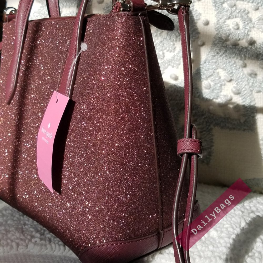 SHIMMY GLITTER IN DEEP NOVA SATCHEL KATE SPADE CROSSBODY BURGUNDY SPARKLES SUN - Picture 10 of 10